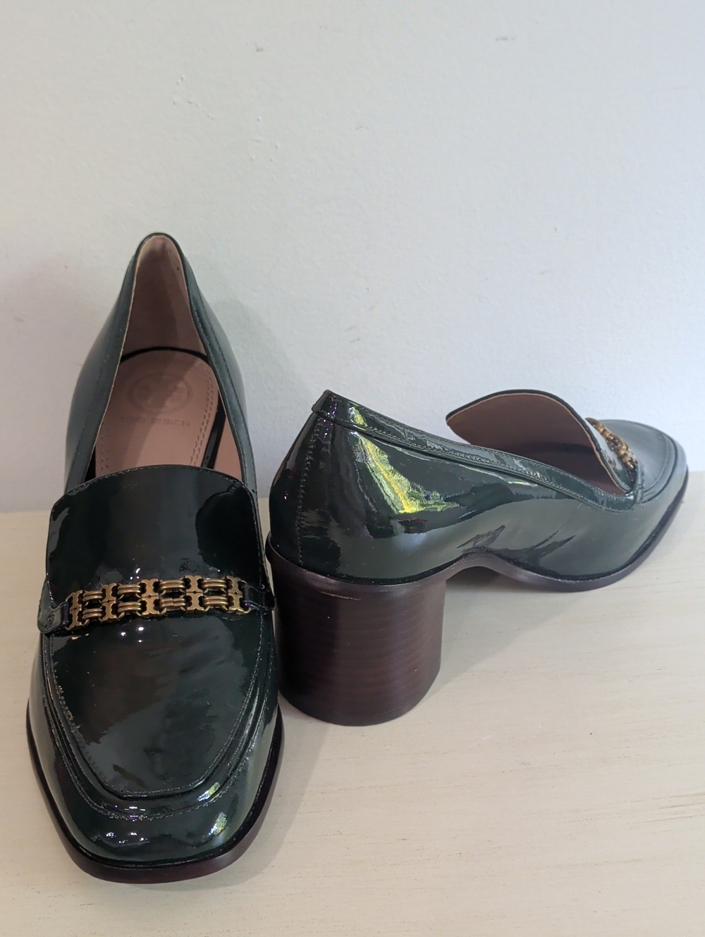 Tory Burch Forest Green Patent Leather Block Heel Loafers New Size 7